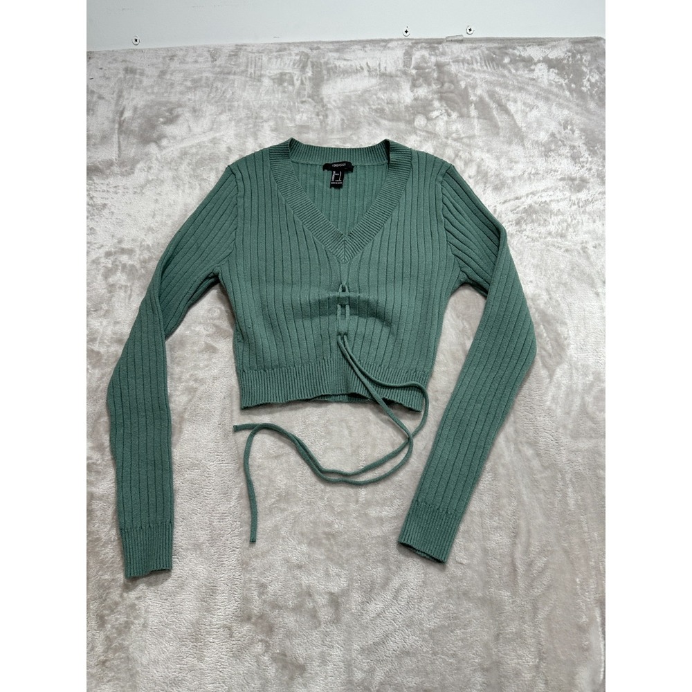 Forever 21 Cropped Pullover Sweater Girls Size Large Green Long Sleeve Ribbed